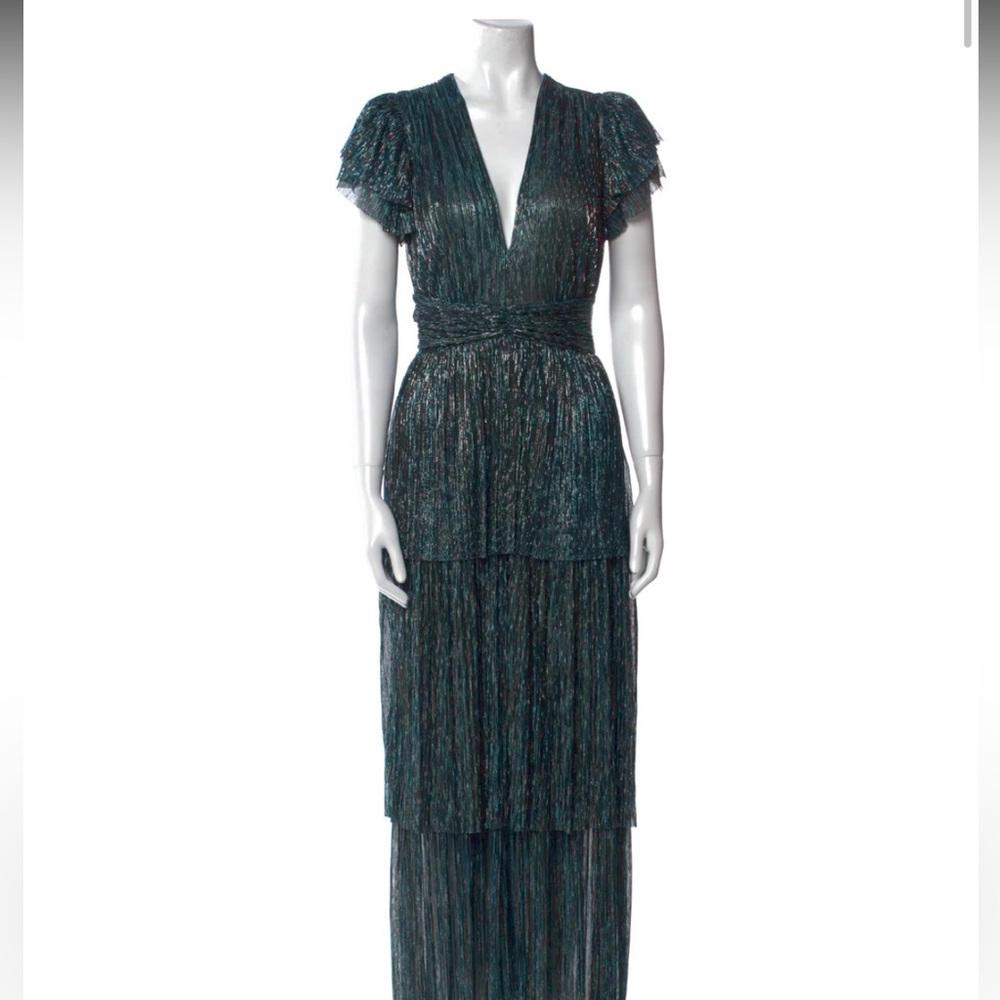 Sabina Musayev Teal Metallic Pleated Midi Dress